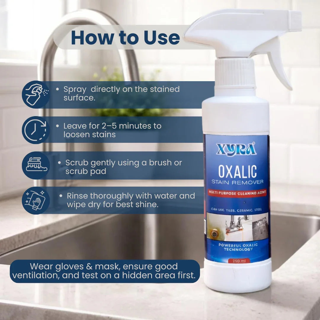 Oxalic multi-purpose stain remover spray bottle with cleaning instructions on kitchen counter