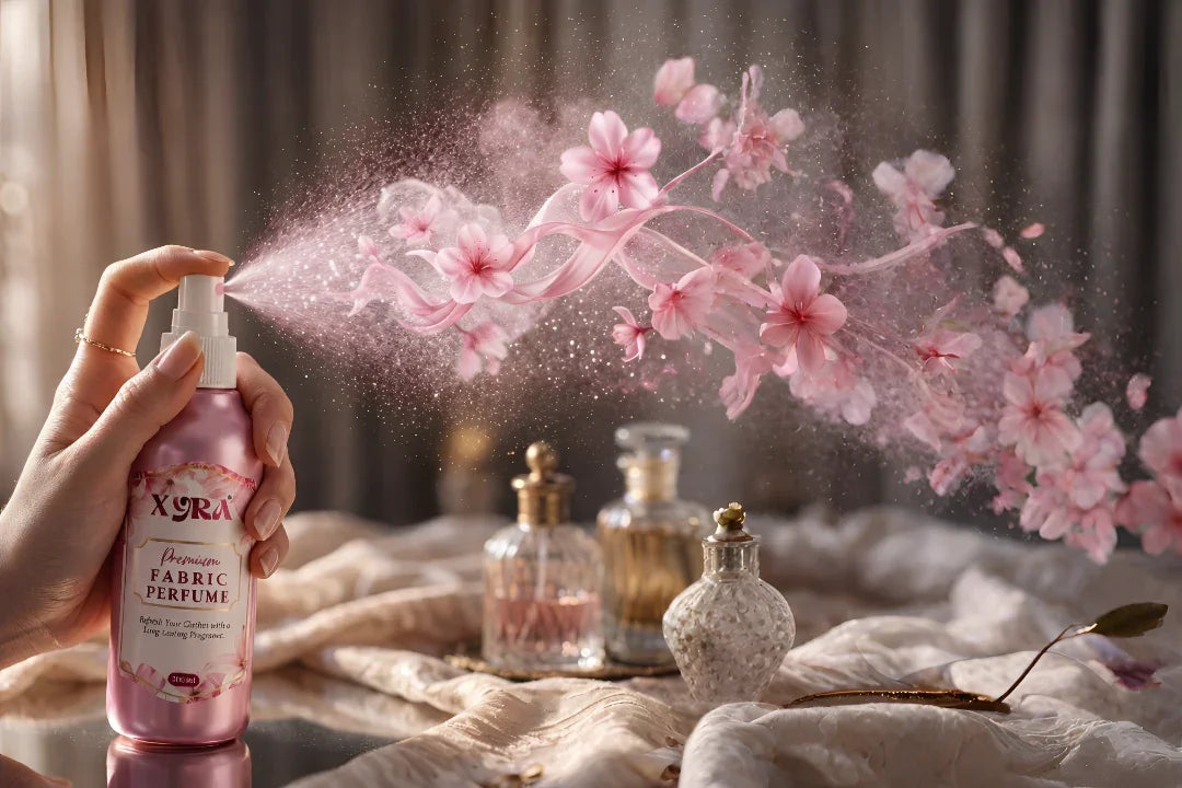 Hand spraying fabric perfume with pink floral scent, surrounded by elegant perfume bottles