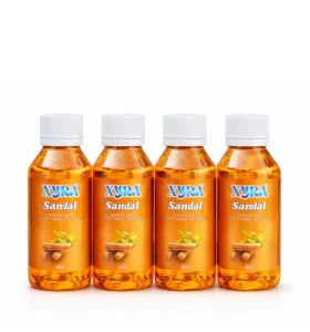 Four bottles of sandal fragrance liquid with white caps, labeled 'Sandal' and showing sandalwood imagery.