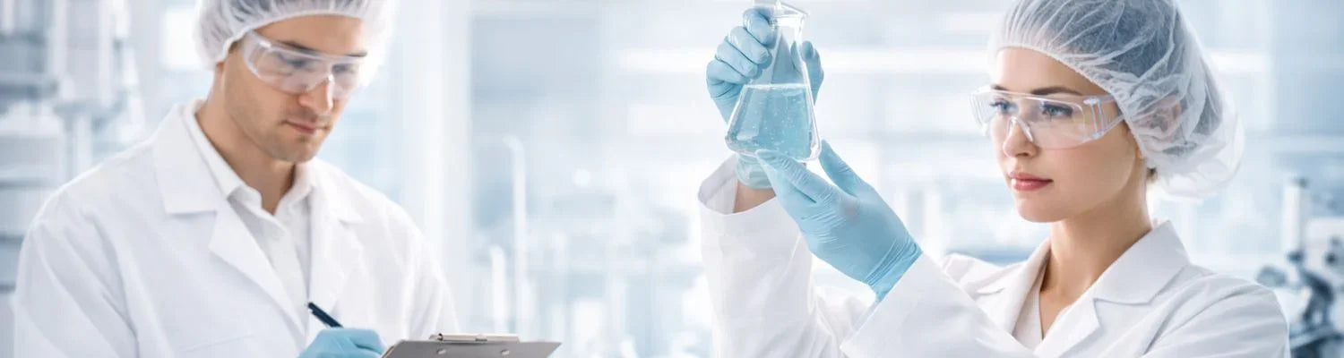 Scientists in lab coats and hairnets analyzing a liquid sample in a laboratory setting