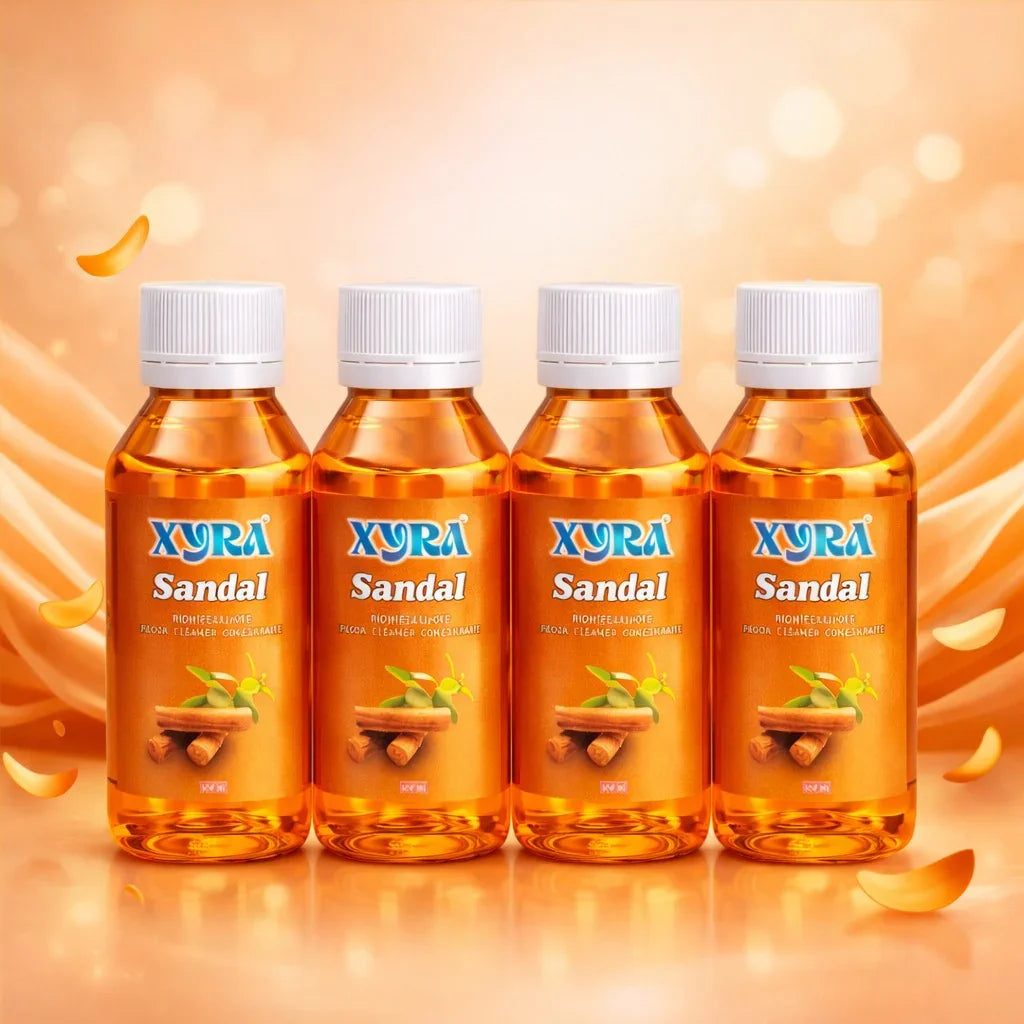Four bottles of sandal floor cleaner concentrate with a warm orange background and sandalwood illustration.
