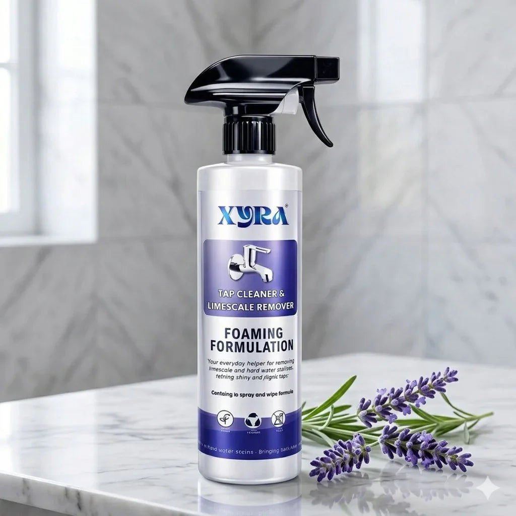 Tap cleaner and limescale remover spray bottle with lavender on a marble bathroom counter.