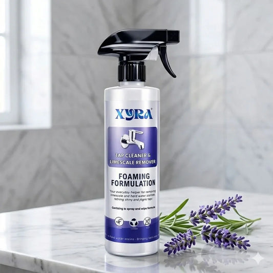 Tap cleaner and limescale remover spray bottle with lavender on a marble bathroom counter.