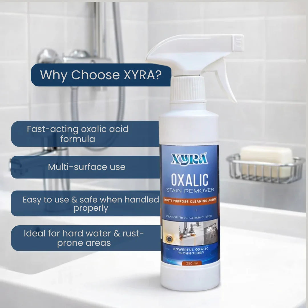 Oxalic stain remover spray bottle on a bathroom sink, suited for multi-surface cleaning.