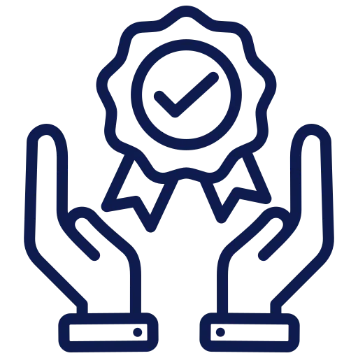 Outline of two hands holding a quality check badge icon, symbolizing certified product care