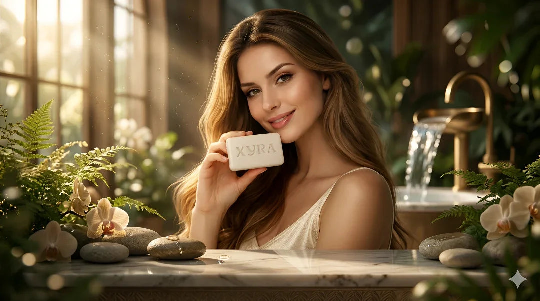 Woman holding handmade coconut milk soap in a spa-like setting with flowers and stones