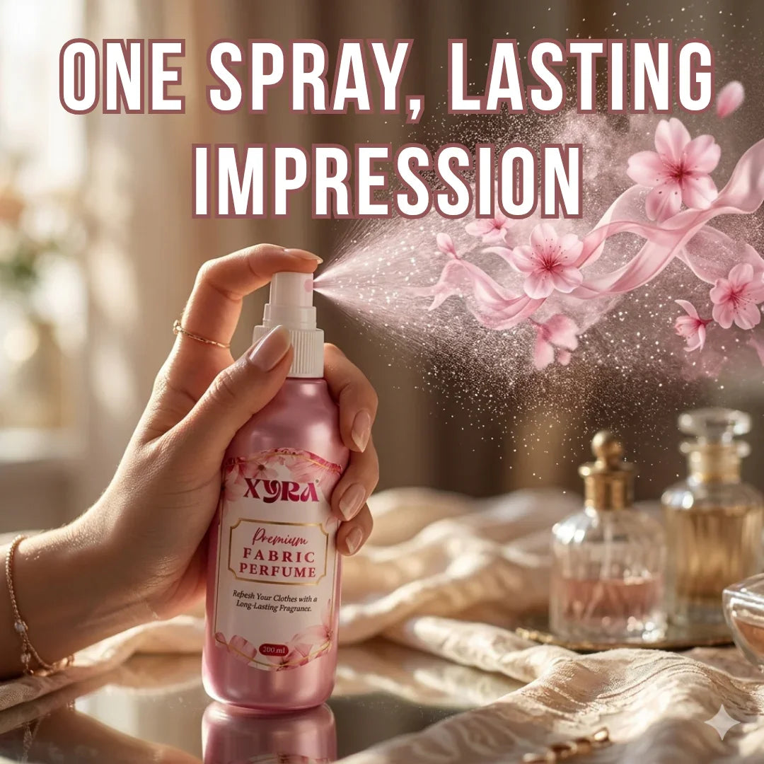 Hand spraying fabric perfume for clothes with floral mist effect, elegant bedroom setting