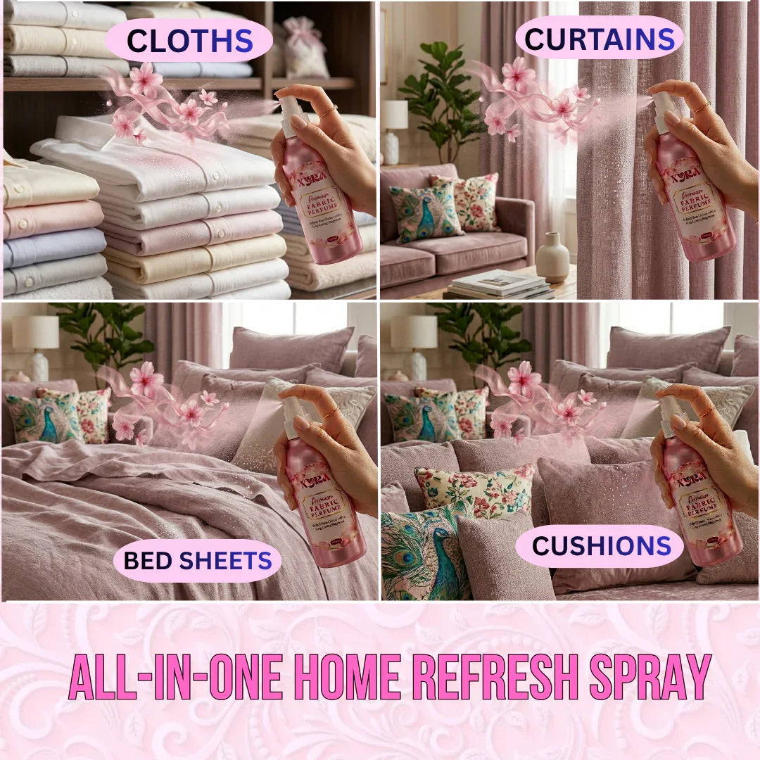 Fabric perfume spray refreshing clothes, curtains, bed sheets, and cushions in a cozy home.