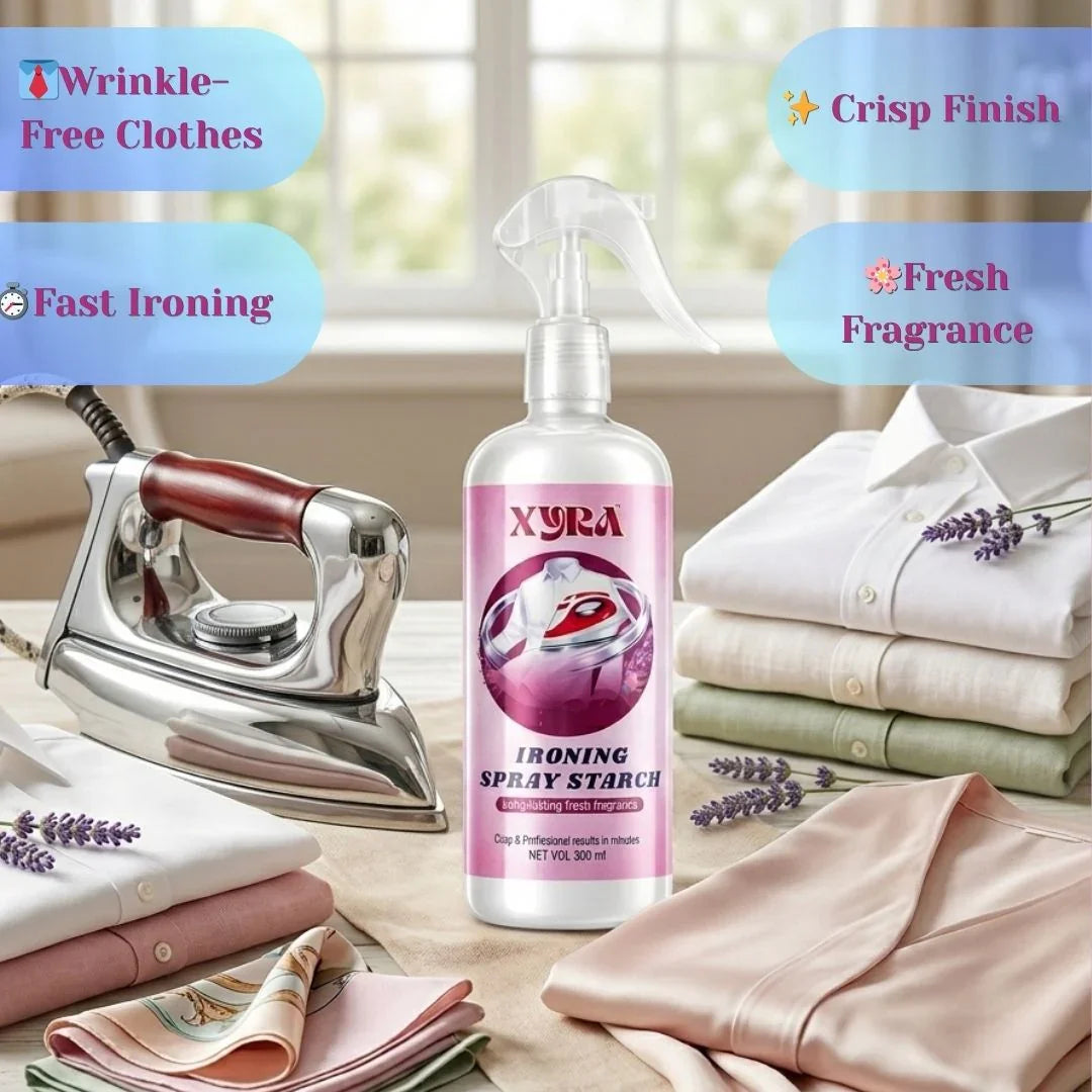 Ironing spray starch bottle with iron, folded wrinkle-free shirts, and lavender accents