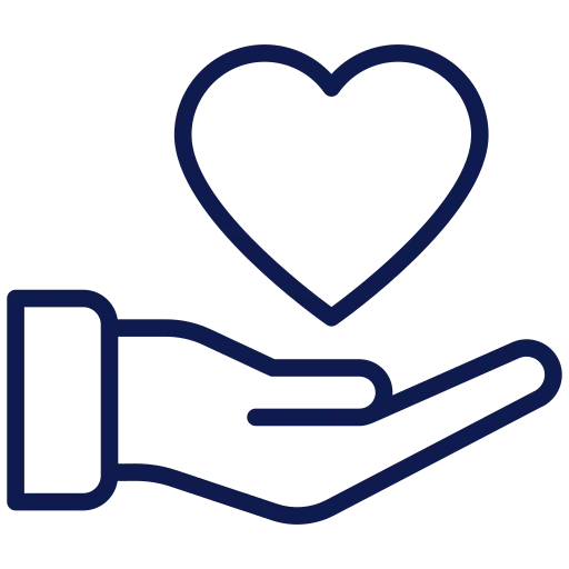 line art of a hand holding a heart, symbolizing care and support