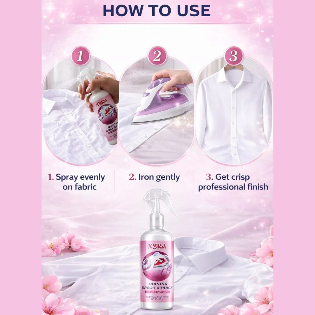 How to use ironing spray starch on a white shirt for crisp, professional fabric finish.