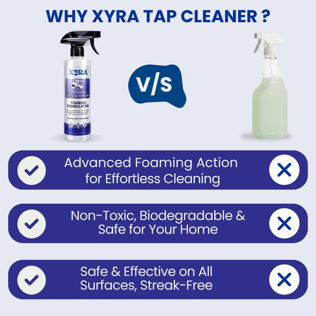 Comparison of XYRA tap cleaner foaming spray vs generic spray, highlighting cleaning benefits
