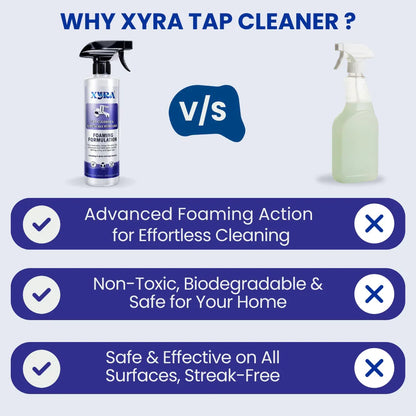 Comparison of XYRA tap cleaner foaming spray vs generic spray, highlighting cleaning benefits