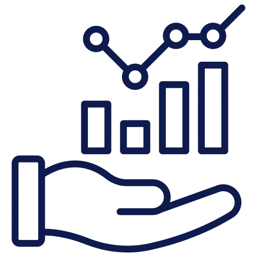 Hand holding bar chart and line graph icon, symbolizing results and performance analysis.