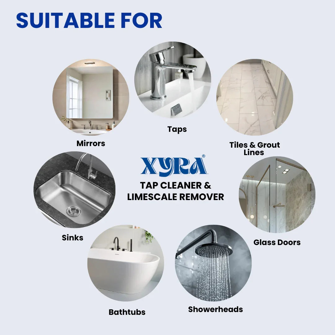 Tap cleaner and limescale remover uses on mirrors, taps, sinks, bathtubs, showerheads, tiles, glass doors
