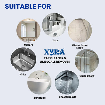 Tap cleaner and limescale remover uses on mirrors, taps, sinks, bathtubs, showerheads, tiles, glass doors
