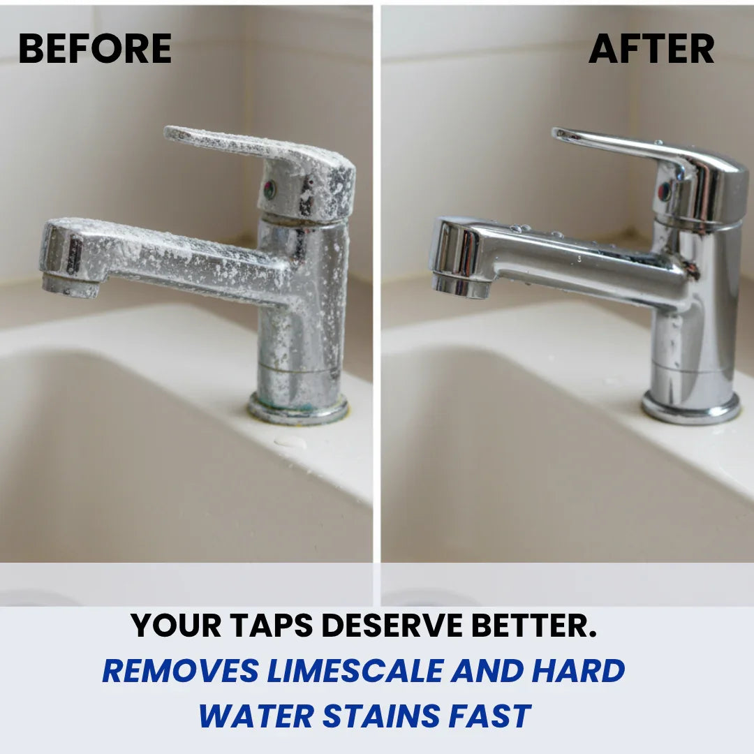 Before and after of a bathroom tap showing limescale removal and hard water stain cleaning results.