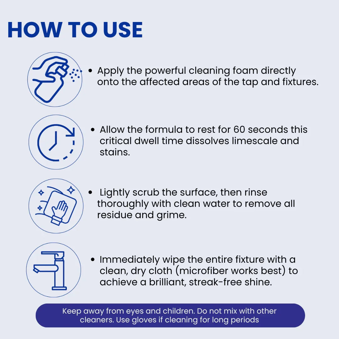 Tap cleaner and limescale remover usage instructions with icons and safety tips.