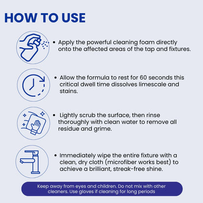 Tap cleaner and limescale remover usage instructions with icons and safety tips.