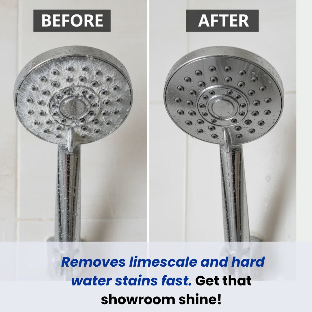 Before and after cleaning shower head, showing limescale and hard water stain removal.
