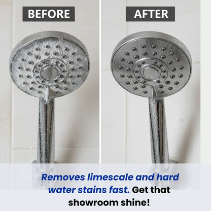 Before and after cleaning shower head, showing limescale and hard water stain removal.