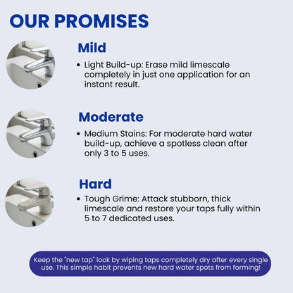 Tile cleaner effectiveness for limescale and water stains on bathroom taps, mild to hard buildup