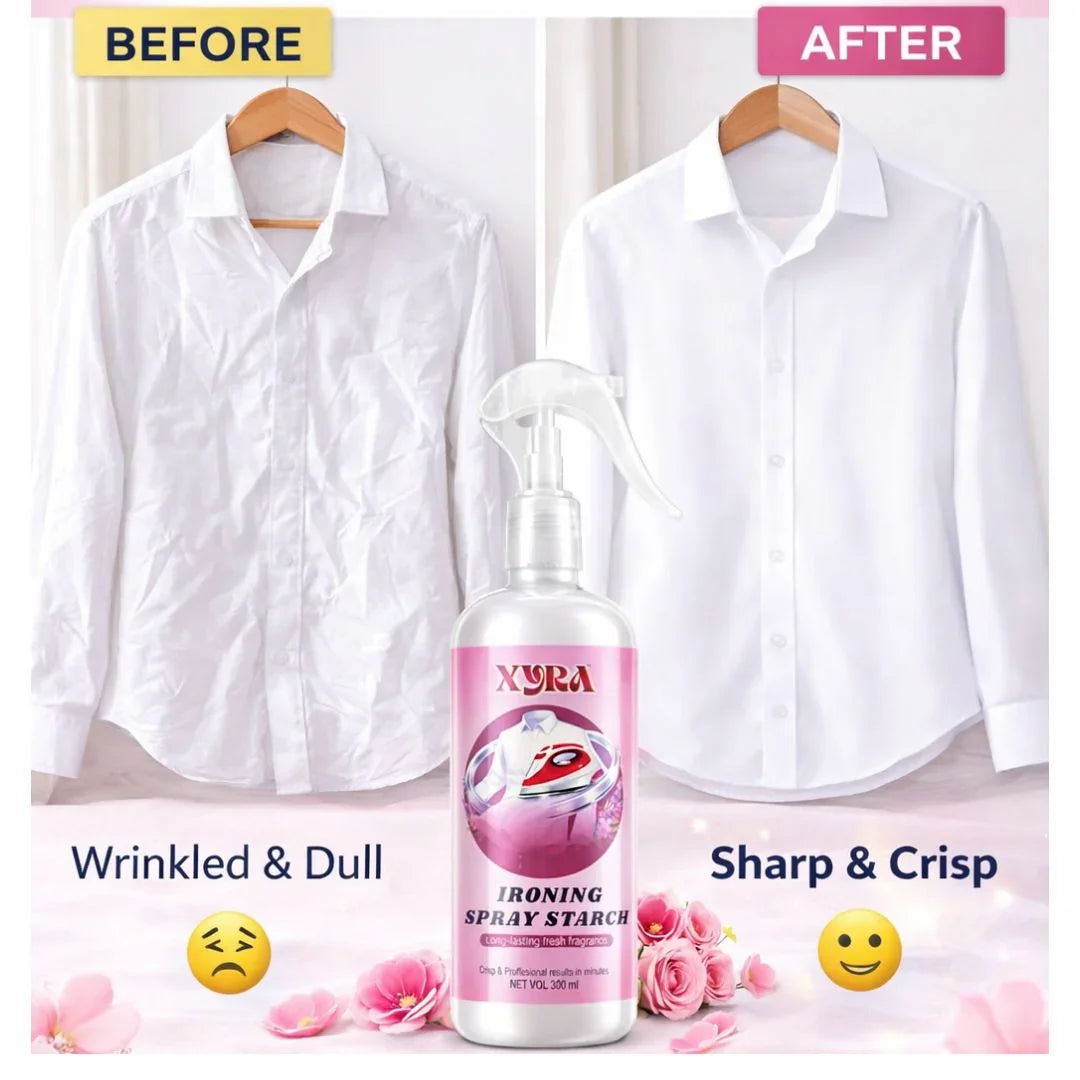 Before and after comparison of white shirts using ironing spray starch, showing wrinkle removal effect.